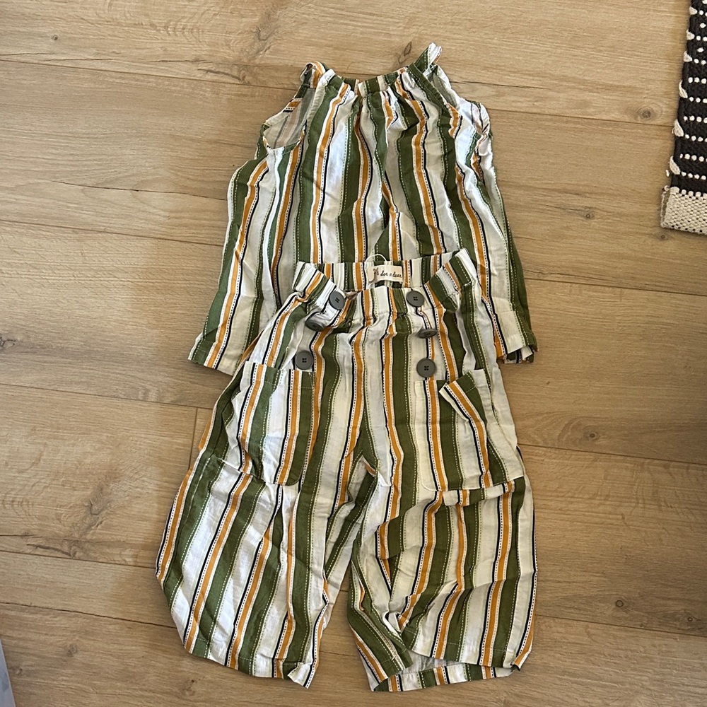 DOE -A-DEAR…Striped Olive, Mustard & White Two-Piece Set